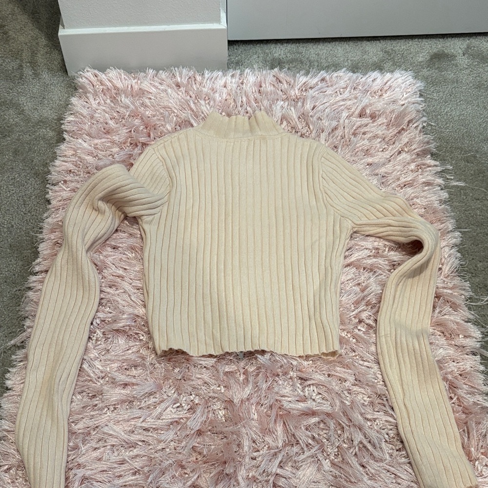 Cream Ribbed Zip-Up Sweater - Picture 5 of 5